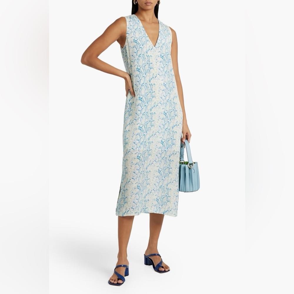 Equipment Connery Cream & Blue Python Print Washed 100% Silk Midi Dress, size S